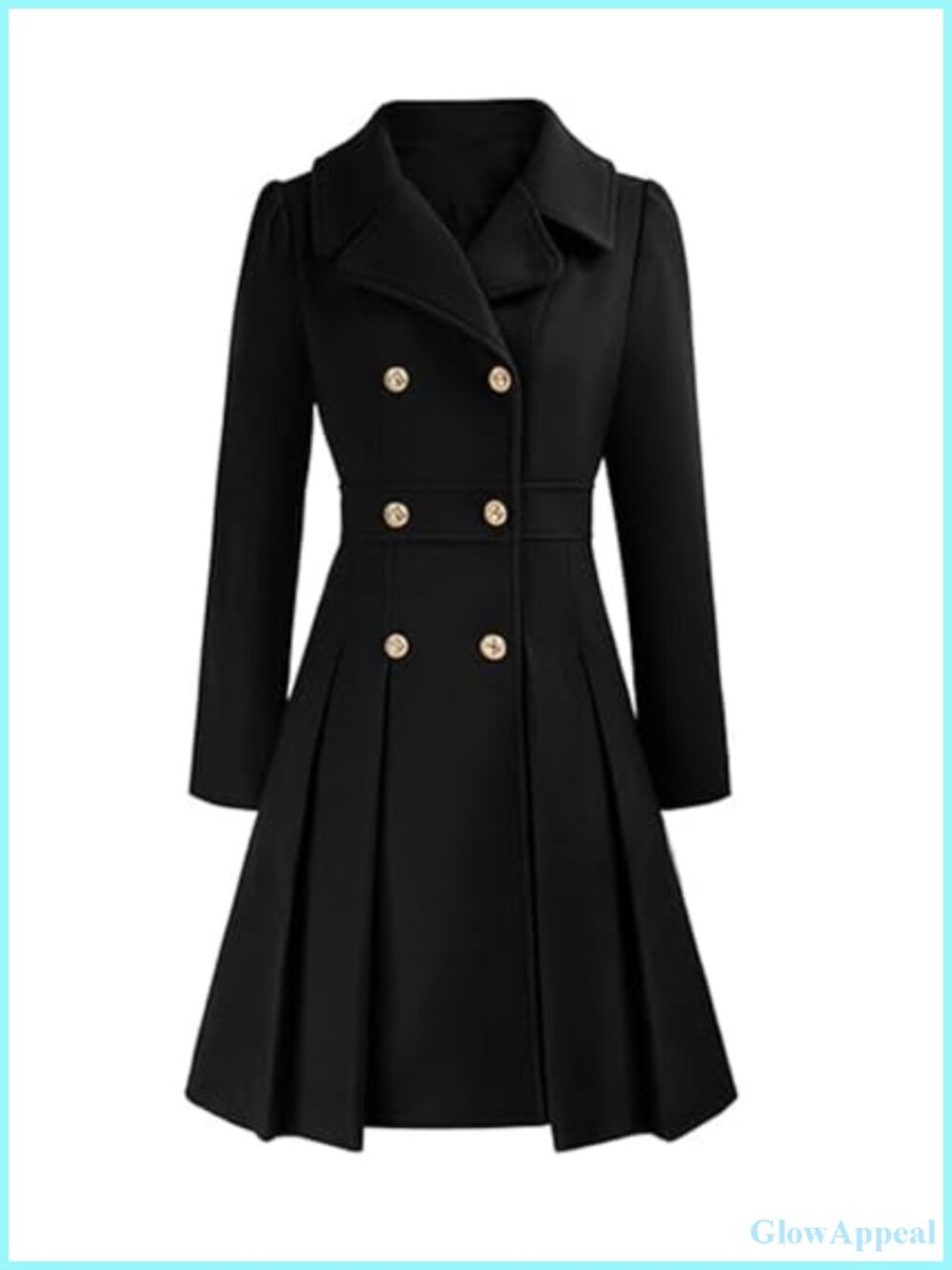 Women's Double Breasted Pea Coat Wool Blend Notch Lapel A-Line Flared Pleated